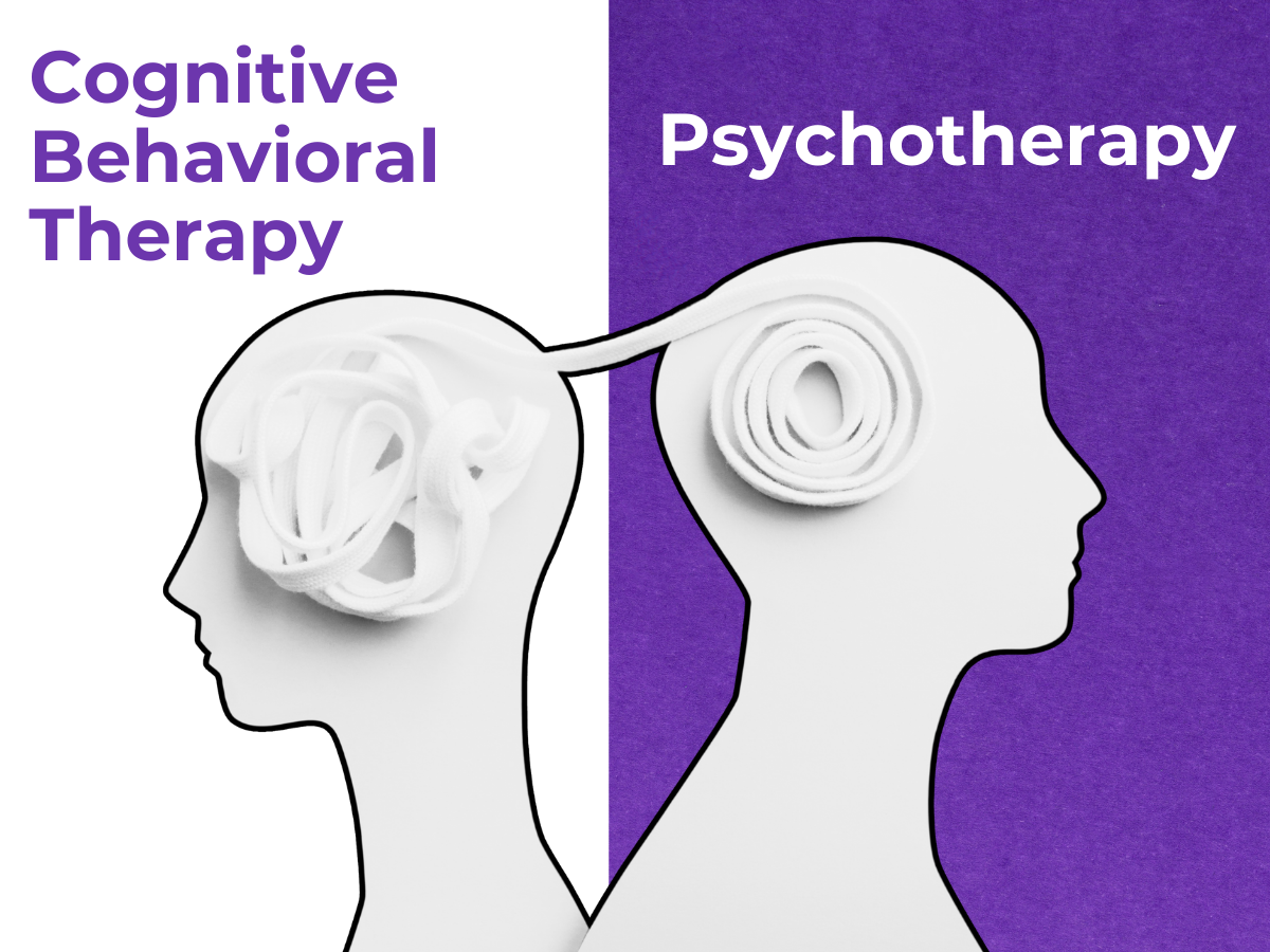 Illustration comparing Cognitive Behavioral Therapy vs. Psychotherapy
